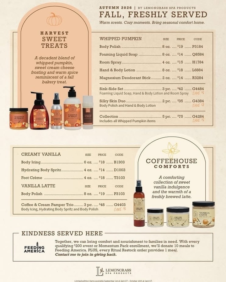 🍂🤎LAST CHANCE FALL MENU -
5 DAYS LEFT 🤎🍂
If you’re anything like me and need to see ALL 👏 THE 👏 FALL 👏 THINGS in one spot before you can decide what you want…this post is for YOU! 😂
Consider this your official Fall Menu. 🍂📋
🍁 HARVEST SWEET TREATS
All those sweet, warm, pumpkin-y scents that make you want to grab a blanket and pretend it’s 60° outside. 😂
☕️ COFFEEHOUSE COMFORTS
Creamy vanilla + cozy coffee-inspired goodness? Yes, please! This is basically an at-home spa with coffeehouse vibes.
🧣 COZY SEASON ESSENTIALS
The products that make you want to slow down, get comfy and give yourself a little extra TLC.
🍎 FRESH FROM THE ORCHARD
Crisp, fresh, fruity fall scents that give you all the apple-picking vibes—without actually having to pick the apples. 😉
🙋‍♀️If you could order ONE category from the Fall Menu, what are you choosing?🙋‍♀️
🍁 SWEET TREATS
☕️ COFFEEHOUSE
🧣 COZY SEASON
🍎 ORCHARD