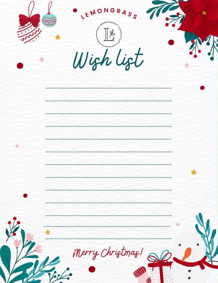 🎄✨ HOLIDAY WISHLIST GIVEAWAY! ✨🎄

Want an easy chance to win a little Stocking Stuffer surprise from me? 🎁

Here’s how to enter:
🎄 Browse the Holiday Catalog
💌 Send me your wishlist here: m.me/dena.lemongrass before November 10, 2026
🎟️ Your wishlist earns you 1 entry your Gift List earns you a 2nd entry!
🎟️ Tag a friend to do the same and if they send me a wishlist and mention you - you will both get a bonus entry 

You can send me a few favorites, a whole wishlist, or even just the things that made you say “I WANT THAT!” 😂

No purchase necessary. I just want to see what caught your eye!

🎁 One winner will receive a Stocking Stuffer surprise from me.

Just for fun: What kind of stocking stuffer do you love most - self-care, snacks, gift cards, or something practical?

This giveaway is in no way sponsored, endorsed, administered by, or associated with Facebook.
